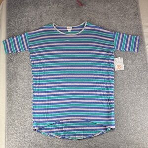 NWT LuLaRoe Irma Short Sleeve Shirt High Low Tunic Womens XS Blue Pink Striped